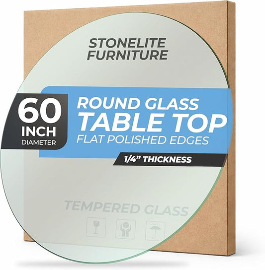 60" inch Round Tempered Glass Table Top - 1/4 inch Thickness & Flat Polished Edge - Clear Surface & Scratch Resistant - Ideal for Dining Room, Kitchen, Side, Office, Patio & Round Coffee Tables