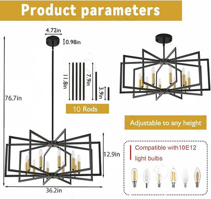 Black Chandelier for Dining Room 10-Light Dining Room Light Fixture Modern Geometric Metal Hanging Industrial Chandeliers for Entryway Kitchen Island Foyer Farmhouse Chandeliers(Black Gold)