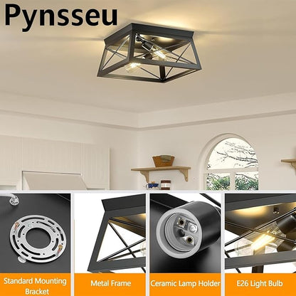Pynsseu Industrial Ceiling Light, 2 Lights Farmhouse Semi Flush Mount Ceiling Fixture for Kitchen Island Dining Room Bedroom Foyer Hallway, 1 Pack, Black