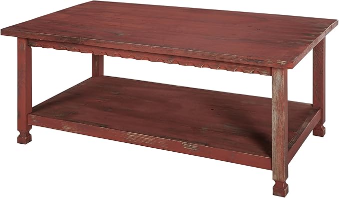 Rustic Rectangluar Coffee Table w/ 1 Shelf, Red Antique, Distressed Finish, Farmhouse Style, Accent Home Decor Living Room Furniture, Hardwoods (Pine/Acacia), Durable, 42 in. W x 24 in. D x 18 in. H