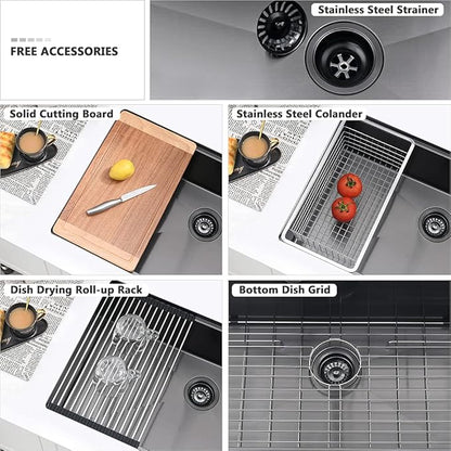 28 Inch Black Undermount Kitchen Sink Workstation-VASOYO 28x19 Black Stainless Steel Kitchen Sink Undermount Workstation Sinks 16 Gauge 304 Stainless Single Bowl Deep Sinks with Cutting Board