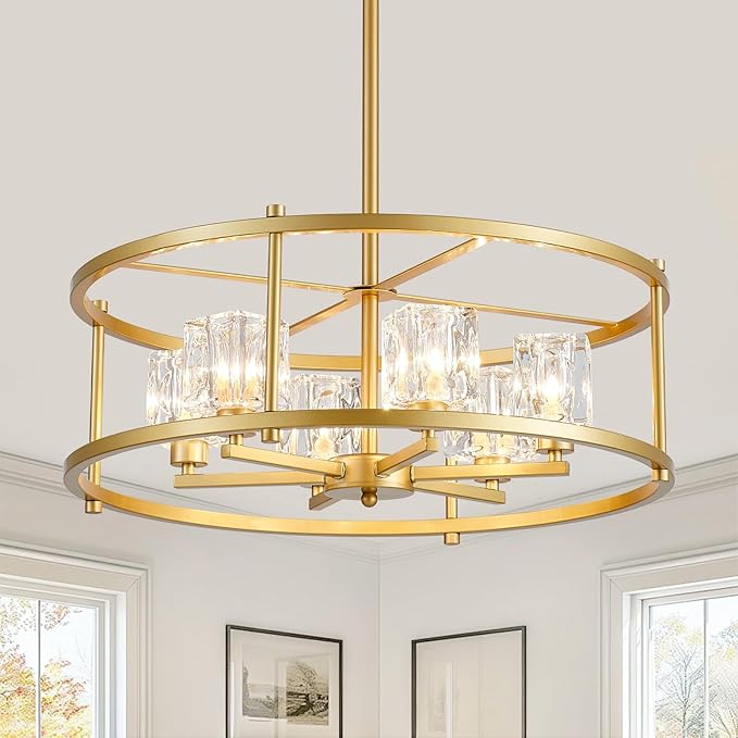 21.7" Round Gold Chandelier Ceiling 6-Light Modern Pendant Lighting Fixture Adjustable Height Chandeliers with Glass Lampshade for Bedroom Dining Room Kitchen Foyer