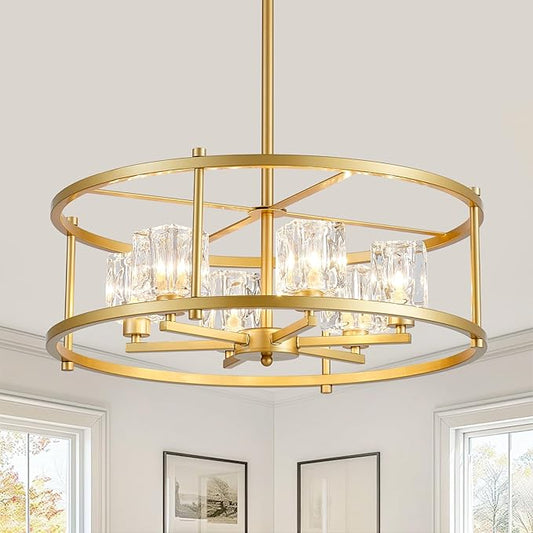 21.7" Round Gold Chandelier Ceiling 6-Light Modern Pendant Lighting Fixture Adjustable Height Chandeliers with Glass Lampshade for Bedroom Dining Room Kitchen Foyer