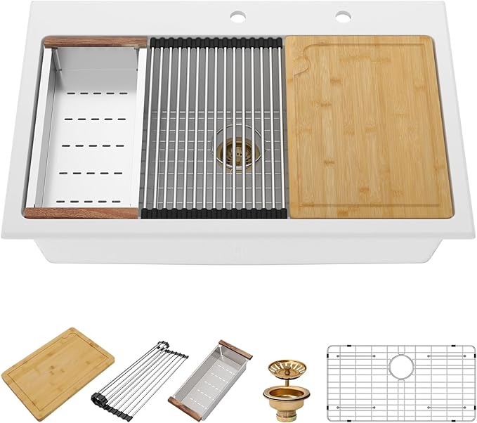 33x22 Inch White Composite Drop In Kitchen Sink Granite Composite Kitchen Sink Workstation Topmount Luxury Above Counter Single Bowl Sink Basin