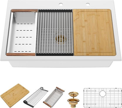 33x22 Inch White Composite Drop In Kitchen Sink Granite Composite Kitchen Sink Workstation Topmount Luxury Above Counter Single Bowl Sink Basin