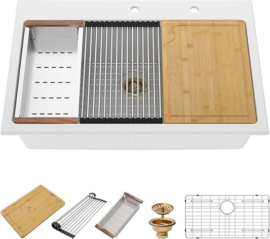 33x22 Inch White Composite Drop In Kitchen Sink Granite Composite Kitchen Sink Workstation Topmount Luxury Above Counter Single Bowl Sink Basin