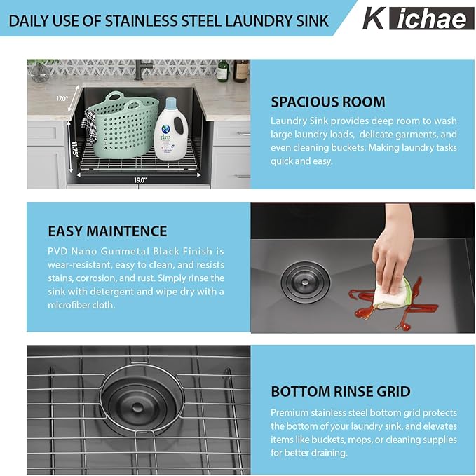 Kichae 12" Deep Laundry Sink Undermount - 21 x 19 Inch Black Undermount Utility Sink Stainless Steel Single Bowl Under Counter Handmade Laundry Utility Room Basin