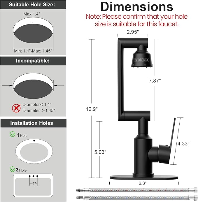 Bathroom Sink Faucet, FunnyAir Stainless Steel 1080° Rotatable Faucet for Sink 1 Hole or 3 Holes, Modern Style Single Handle Bathroom Faucets with Hot and Cold Hoses, Matte Black