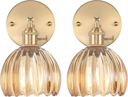 Shenmoyl Vintage Wall Sconces Set of 2 with Amber Tulip Glass Lampshade 180 Degree Adjustable Brass Sconces Hradwired Modern Wall Lighting Fixture with Switch for Bedside Bedroom Doorway
