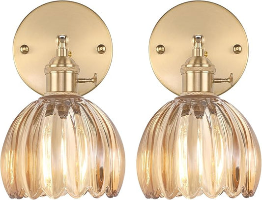 Shenmoyl Vintage Wall Sconces Set of 2 with Amber Tulip Glass Lampshade 180 Degree Adjustable Brass Sconces Hradwired Modern Wall Lighting Fixture with Switch for Bedside Bedroom Doorway