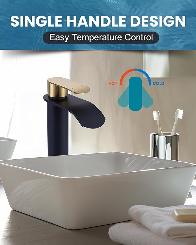 Vessel Sink Faucet Black and Gold：WOWOW Single Handle Tall Bathroom Faucet - Waterfall Single Hole Mixer Bar Tap with Large Rectangular Spout, Deck Mount Lavatory Vanity with Pop Up Drain