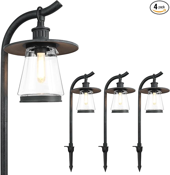 hykolity Low Voltage Landscape Path Lights, 12V-15V AC LED Outdoor Landscape Lighting with LED Bulb & Wire Connector, Zinc Aluminum Housing Pathway Lights for Yard Garden Walkway, 4 Pack, ETL Listed
