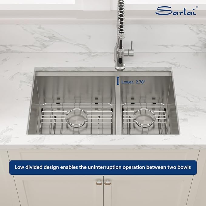 Sarlai 28 Inch Undermount Double Bowl Sink - Stainless Steel 16 Gauge Workstation Sink Low Divide 60/40 Basin