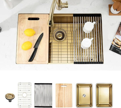 Gold Kitchen Sink, Single Bowl Drop in 32” x 18” Stainless Steel Gold Handmade Deep Kitchen Sink with Cutting Board and Drain Strainer