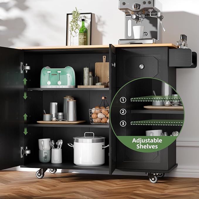 Rolling Kitchen Island Cart with Drop Leaf, Portable Kitchen Trolley with Storage Cabinet, Drawer, Shelf and Towel Bar, Breakfast Bar on Wheels for Home Use, Sleek Black