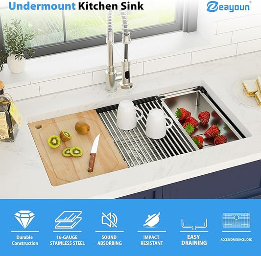 32 x 19 Inch Undermount Kitchen Sink Workstation 16 Gauge Stainless Steel Handmade Sink Round Corners Single Bowl Large Deep Under Counter Kitchen Sinks Basin, 32"x19"x9"