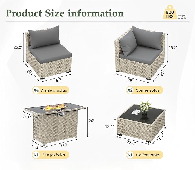 UDPATIO Patio Furniture Set with Fire Pit Table, 8 Pieces Outdoor Sectional Sofa, PE Wicker Patio Conversation Set for Garden, Backyard Grey