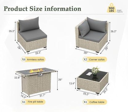 UDPATIO Patio Furniture Set with Fire Pit Table, 8 Pieces Outdoor Sectional Sofa, PE Wicker Patio Conversation Set for Garden, Backyard Grey