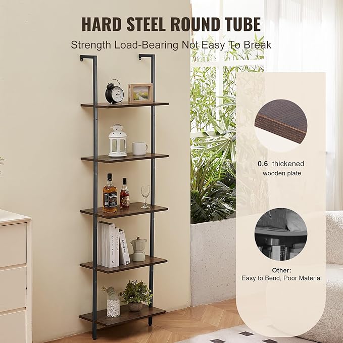 VEVOR Industrial Square Pipe Shelf, 5 Tier 17.3x11.8in, Wall-Mount Floating Rustic Wood Shelves Bracket Display Bookshelf,Storage Rack Sundries Holder for Kitchen Bedroom Bathroom Living Room, Black