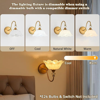 1 Piece Vintage Wall Sconce with Floral White Glass Shade, Matte Brass Finish Wall Sconce for Bathroom, Vintage Bathroom Vanity Light Fixture