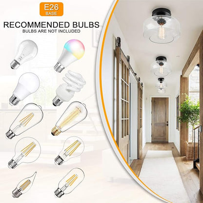 SunRider Industrial Semi-Flush Mount Ceiling Light Fixture, Modern Seeded Glass Pendant Lamp, Black Farmhouse Hanging Lighting for Bedroom Hallway