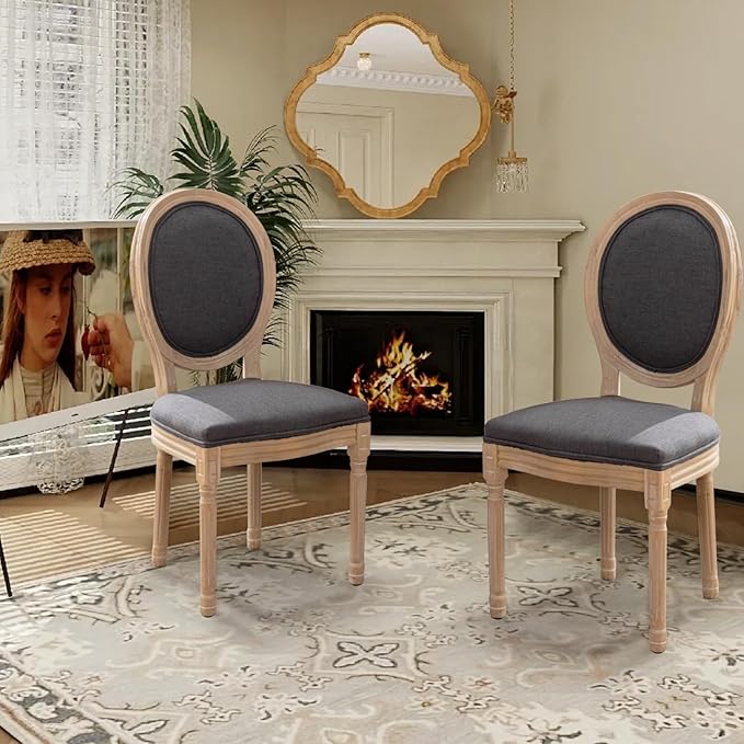 SoarFlash French Dining Chairs Set of 4, Vantage Linen Dining Chair with Round Back, Farmhouse Country Dining Chair for Living Room,Kitchen,Restaurant,Deep Grey