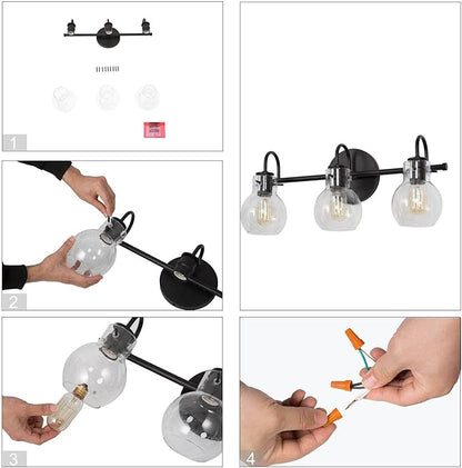 KSANA Black Bathroom Light Fixtures, 3-Light Modern Farmhouse Black Vanity Light with Clear Glass Shade Over Mirror for Hallway, Kitchen, Bedroom, and Living Room