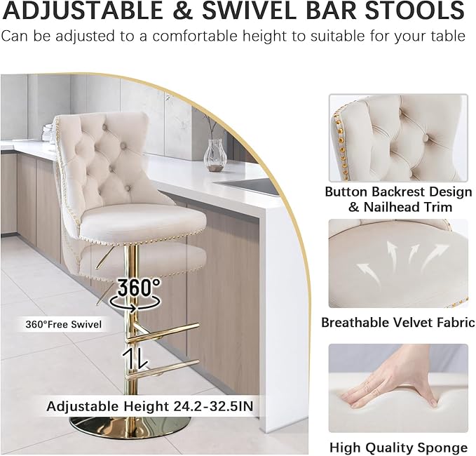 yeag 31.5'' Modern Round Glass Bar Table Set for 2, Luxury Gold Bistro Pub Table & 2 Adjustable Metal Bar Stools Velvet Swivel Counter Height Stools (Gold Metal Legs, Clear Top + Beige Chair)