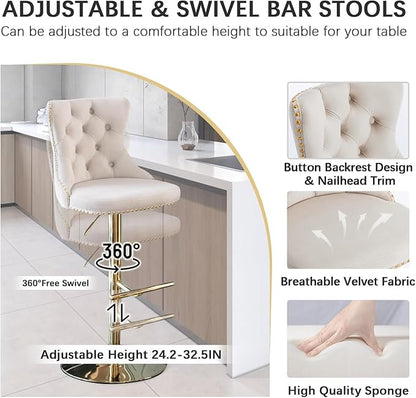 yeag 31.5'' Modern Round Glass Bar Table Set for 2, Luxury Gold Bistro Pub Table & 2 Adjustable Metal Bar Stools Velvet Swivel Counter Height Stools (Gold Metal Legs, Clear Top + Beige Chair)