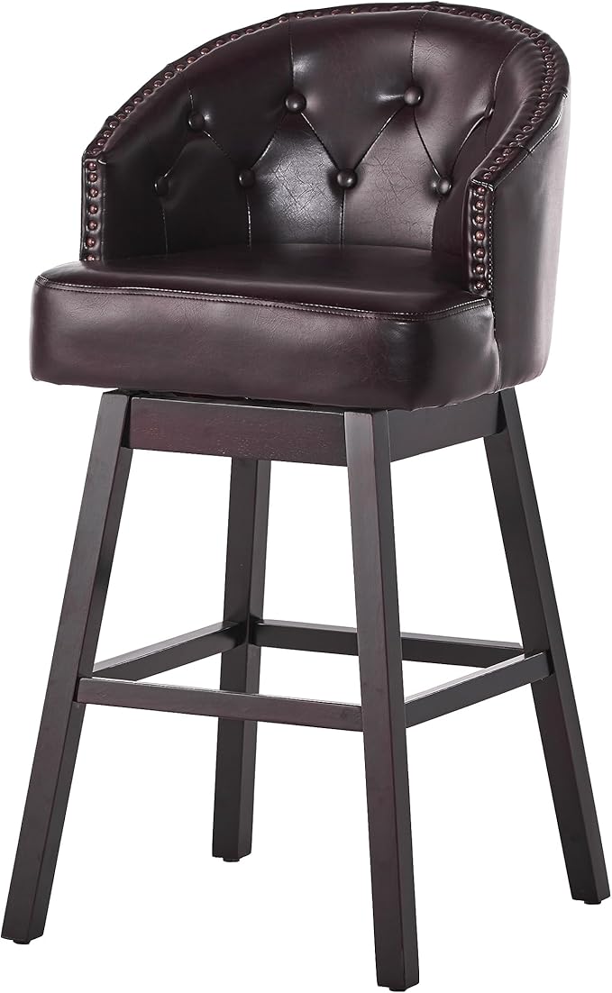 Set of 2 Brown Bar Stools with 360-Degree Swivel, Nailhead Trim & Button-Tufted PU Fabric, Rubberwood Frame for Kitchen Island, Home Bar, and Living Area