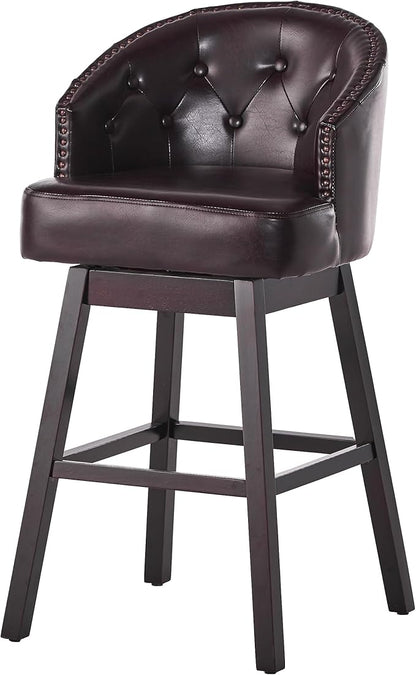 Set of 2 Brown Bar Stools with 360-Degree Swivel, Nailhead Trim & Button-Tufted PU Fabric, Rubberwood Frame for Kitchen Island, Home Bar, and Living Area