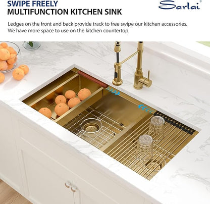 Sarlai 36 Inch Gold Undermount Kitchen Sink Double Bowl Large Workstation Low Divided Gold Stainless Steel Sink 16 Gauge 60/40 Sinks Double Basin