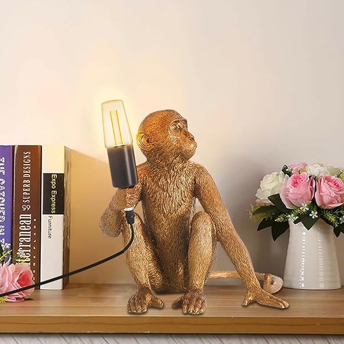 Monkey Table Light, Vintage Creative Animal Statue Desk Lamp for Home Decor, Living Room, Bedroom, Home Office, Kids Room, Resin Material-Gold