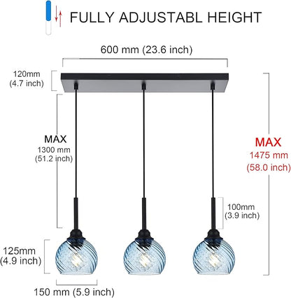 3 Light Island Lights for Kitchen with Striped Swirl Globe Glass, Black Linear Hanging Pendant Light Fixture Farmhouse Chandelier for Dining Room Bar Living Room