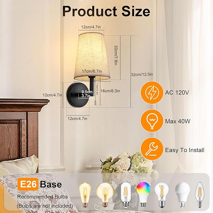 Lightess Pull Chain Light Fixture Wall, Indoor Wall Sconces Set of 2, Vintage Wall Lamps with White Fabric Shade for Bedroom Living Room Corridor