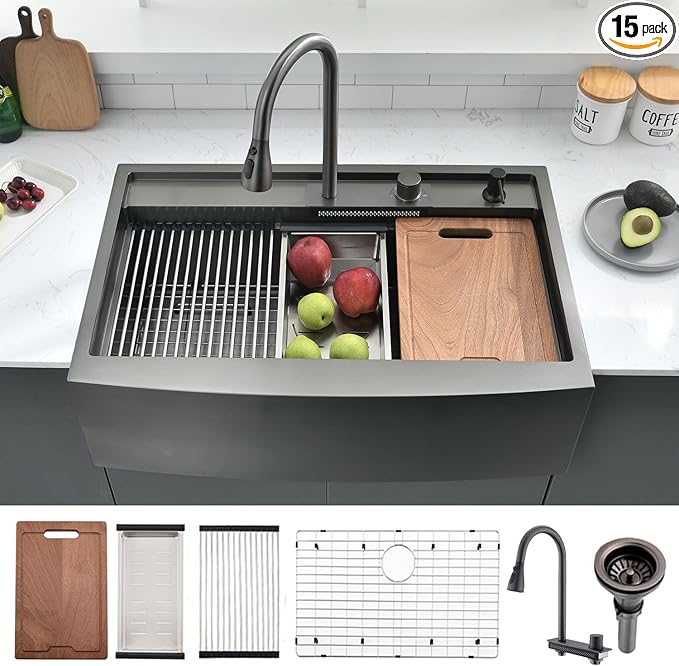 33 Inch Farmhouse Kitchen Sink Splash Guard Waterfall Workstation Black- VOKIM 33x22Inch Apron Front Kitchen Sik Stainless 16 Gauge Farm Sink With Multifunctional Top Loading Flying Rain pull-out