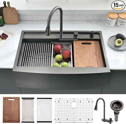 33 Inch Farmhouse Kitchen Sink Splash Guard Waterfall Workstation Black- VOKIM 33x22Inch Apron Front Kitchen Sik Stainless 16 Gauge Farm Sink With Multifunctional Top Loading Flying Rain pull-out