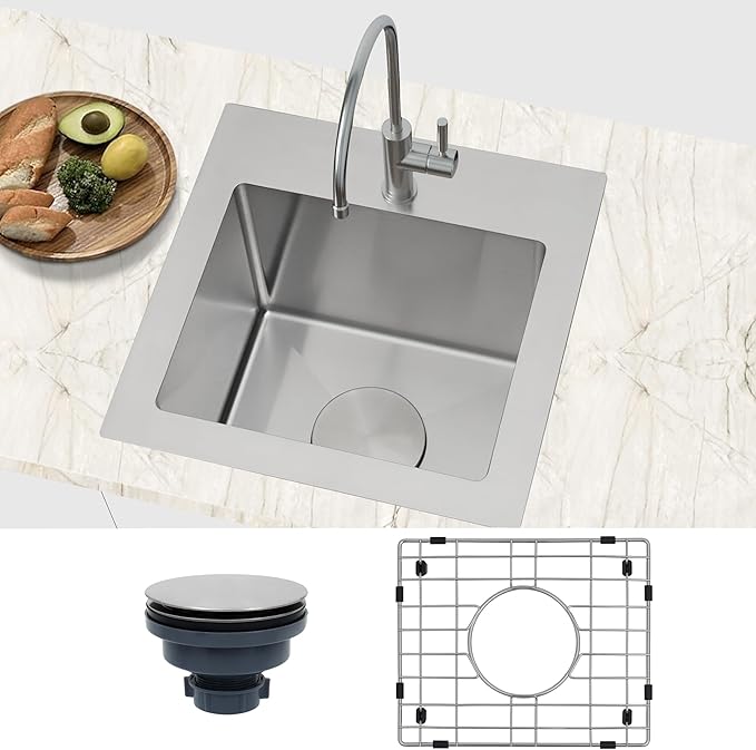 Drop In Bar Sink 15 X 15 inch,16 Gauge Stainless Steel Bar Sink,Outdoor Small RV Sinks,Top Mount Prep Sink for Wet Bar Area (15" X 15")
