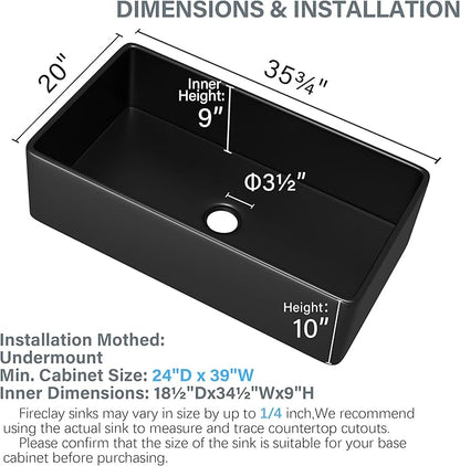 Extra Large Black Farmhouse Sink 36 x 20 Inch, Firecaly Apron Front Undermount Farm Sink Deep Single Bowl for Kitchen, w Accessories 2 Types, Fits MIN. Cabinet Size: 24"Dx39"W