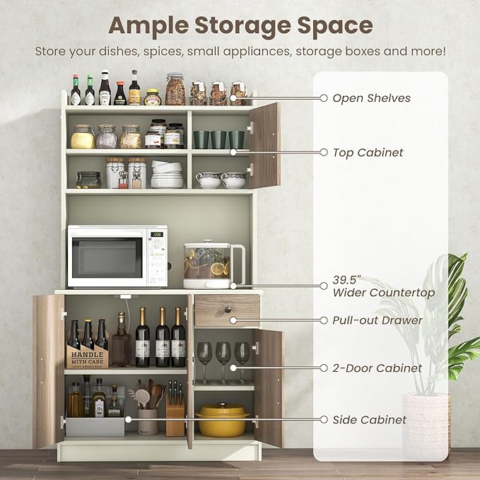 Giantex 71" Buffet Hutch Cabinet with Power Outlet, Kitchen Hutch Sideboard, Buffet Pantry on Island, Wood Kitchenware Server with Drawer, Shelf and Storage Cabinet (White & Walnut)