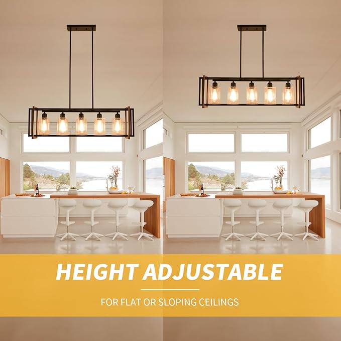 Dining Room Light Fixture, 5-Light Black Chandeliers for Dining Room, Farmhouse Kitchen Island Lighting, Pendant Lights Kitchen Island, Dining Room Chandelier Over Table, with Glass Shade, E26 Socket