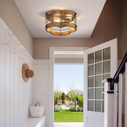 Farmhouse Flush Mount Ceiling Light, 12.2 Inch 3-Light Metal and Wood Close to Ceiling Light Fixture, Rustic Drum Semi Ceiling Light for Kitchen, Dining Room, Living Room, Hallway, Entryway