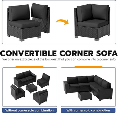 Patio Furniture Set, Wide Armrest Outdoor Furniture Set with Thick Cushions, 6 Piece Wicker Rattan Patio Sectional Sofa for Backyard, Poolside, Garden
