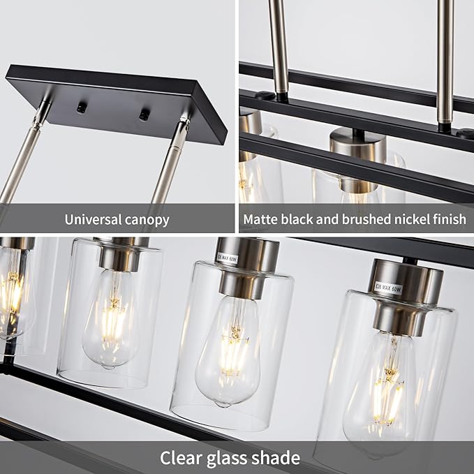 5 Light Dining Room Light Fixture Modern Farmhouse Chandeliers Over Table Black & Brushed Nickel Rectangular Pendent Lighting for Kitchen with Glass Shade Hanging Industrial Ceiling Light