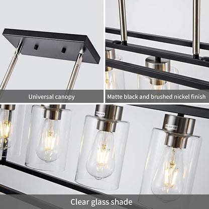 5 Light Dining Room Light Fixture Modern Farmhouse Chandeliers Over Table Black & Brushed Nickel Rectangular Pendent Lighting for Kitchen with Glass Shade Hanging Industrial Ceiling Light