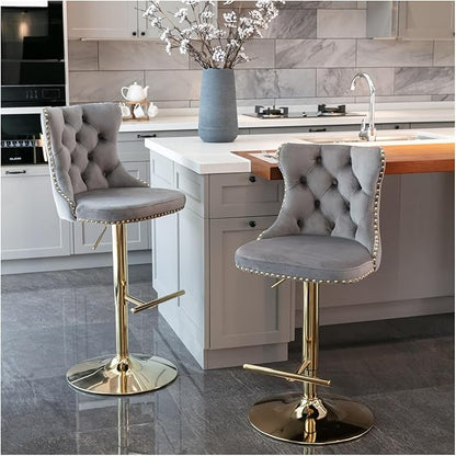 Golden Swivel Velvet Barstools Adjusatble Seat Height from 25-33 Inch,Modern Upholstered Bar Stools with Backs Comfortable Tufted for Home Pub and Kitchen Island,Gray,Set of 2,for Living Room