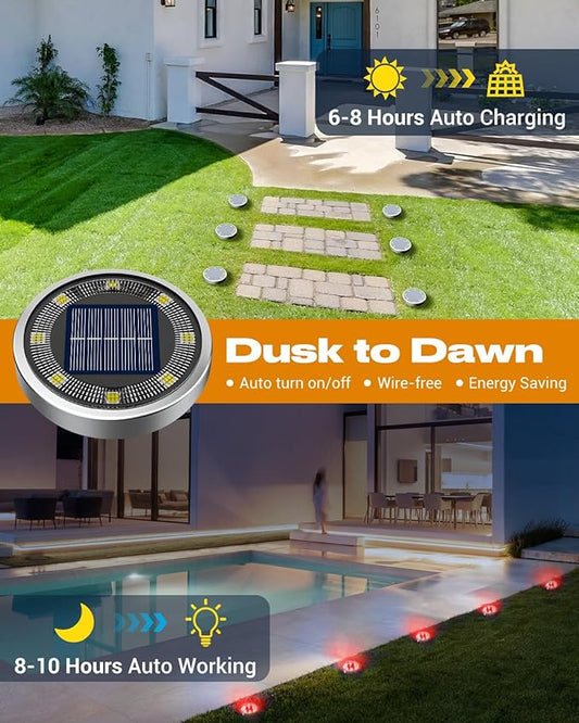 btfarm 16 Pack Solar Lights Outdoor, 8 LED Solar Ground Lights IP65 Waterproof Flat Solar Disc Light, Pathway Lights for Garden Lawn Patio Yard Path Landscape, Red