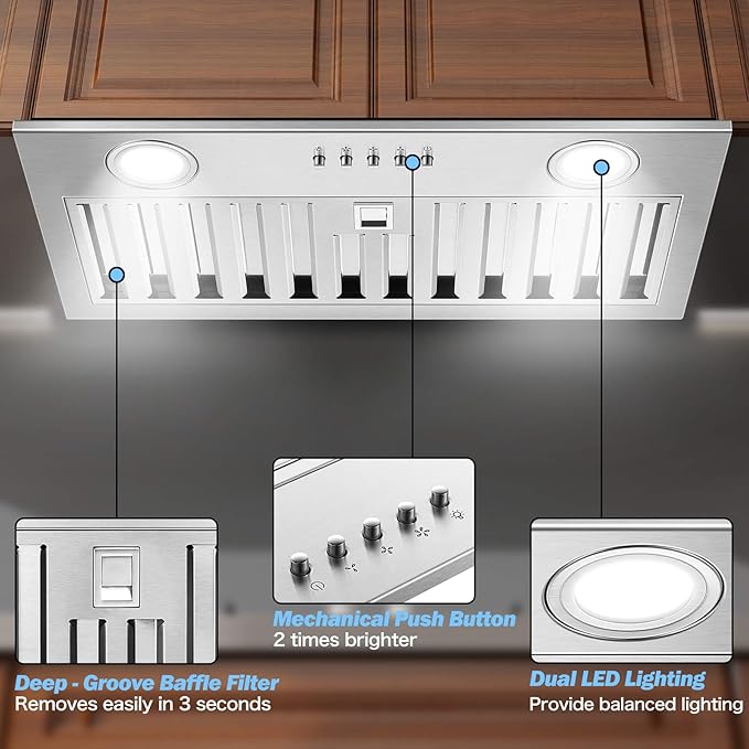 JOEAONZ Range Hood Insert 20 Inch 600 CFM Stainless Steel, Ducted/Ductless Convertible Ultra-Quiet Built-in Kitchen Exhaust Hood with Dishwasher-Safe Filter, 3-Speed & Dual LEDs Efficient Lighting
