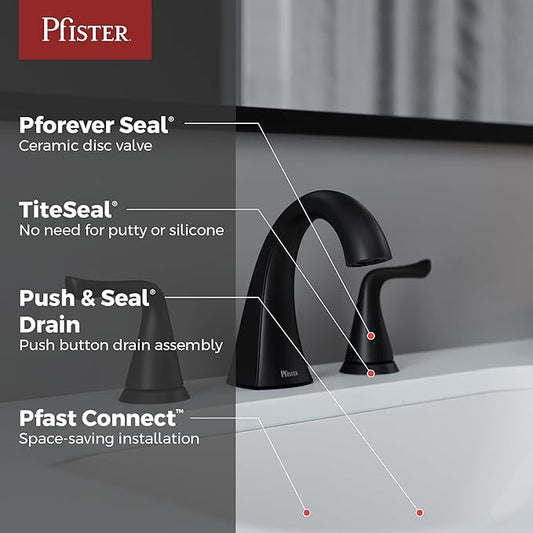 Pfister Willa Bathroom Sink Faucet 8 in Widespread 2-Handle 3-Hole Matte Black Finish NSF Certified Spot Defense Push & Seal Drain TiteSeal Installation LF049MALSDB