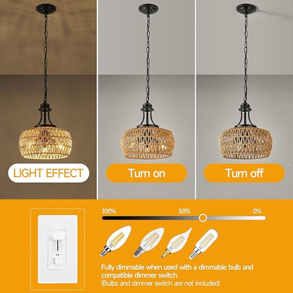 12.6" Chandeliers for Dining Room, 3-Light Rattan Chandelier with Rattan Lampshade, Adjustable Height Coastal Chandeliers, Vintage Pendant Lighting for Kitchen, Bedroom